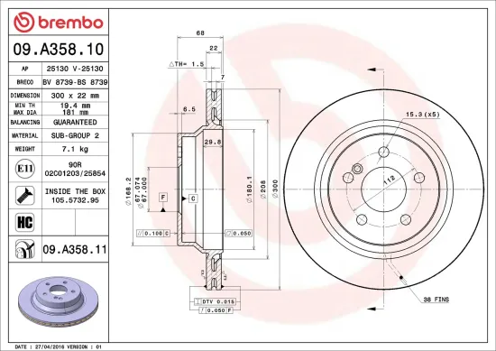 Bremsscheibe Hinterachse BREMBO 09.A358.11 Bild Bremsscheibe Hinterachse BREMBO 09.A358.11