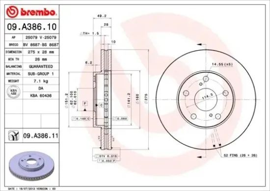 Bremsscheibe Vorderachse BREMBO 09.A386.11 Bild Bremsscheibe Vorderachse BREMBO 09.A386.11