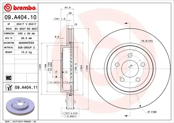Bremsscheibe Vorderachse BREMBO 09.A404.11