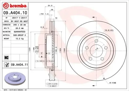 Bremsscheibe Vorderachse BREMBO 09.A404.11 Bild Bremsscheibe Vorderachse BREMBO 09.A404.11