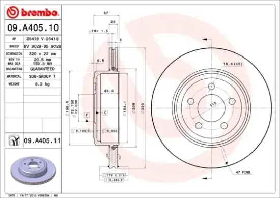 Bremsscheibe Hinterachse BREMBO 09.A405.11 Bild Bremsscheibe Hinterachse BREMBO 09.A405.11
