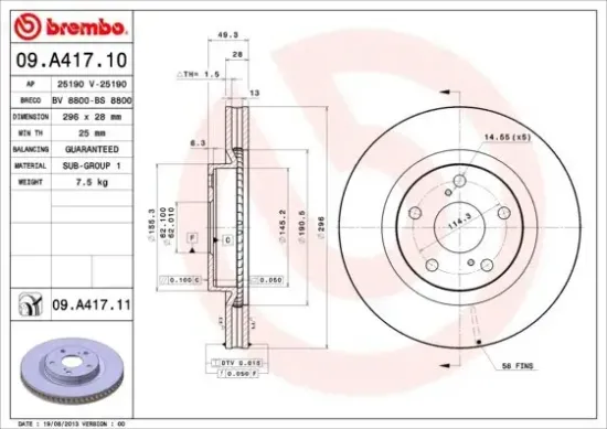 Bremsscheibe Vorderachse BREMBO 09.A417.11 Bild Bremsscheibe Vorderachse BREMBO 09.A417.11