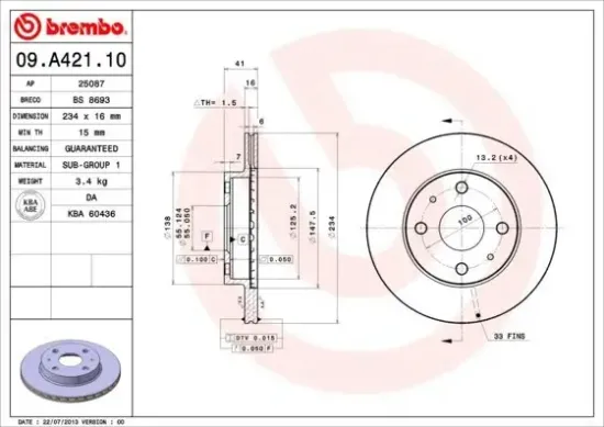 Bremsscheibe Vorderachse BREMBO 09.A421.10 Bild Bremsscheibe Vorderachse BREMBO 09.A421.10