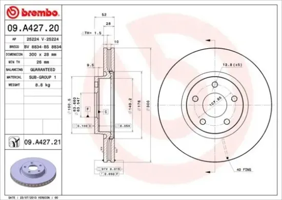 Bremsscheibe Vorderachse BREMBO 09.A427.21 Bild Bremsscheibe Vorderachse BREMBO 09.A427.21