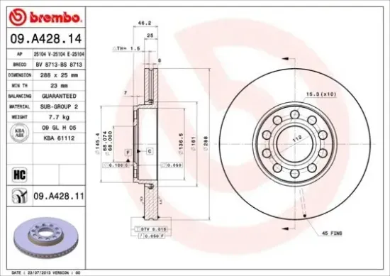 Bremsscheibe Vorderachse BREMBO 09.A428.11 Bild Bremsscheibe Vorderachse BREMBO 09.A428.11