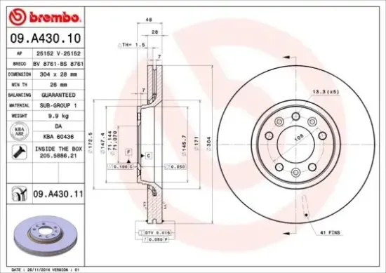 Bremsscheibe Vorderachse BREMBO 09.A430.11 Bild Bremsscheibe Vorderachse BREMBO 09.A430.11