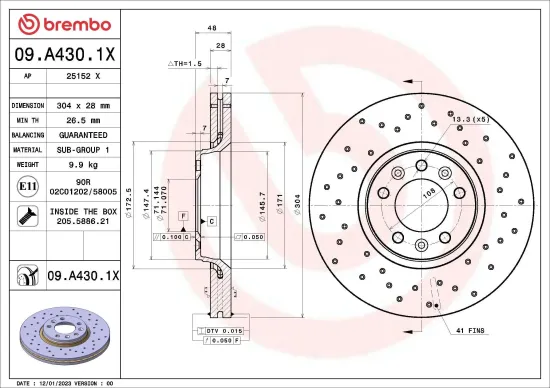Bremsscheibe Vorderachse BREMBO 09.A430.1X Bild Bremsscheibe Vorderachse BREMBO 09.A430.1X