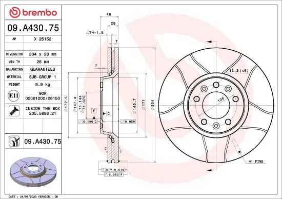 Bremsscheibe Vorderachse BREMBO 09.A430.75 Bild Bremsscheibe Vorderachse BREMBO 09.A430.75