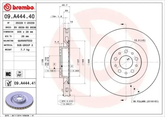 Bremsscheibe BREMBO 09.A444.41 Bild Bremsscheibe BREMBO 09.A444.41