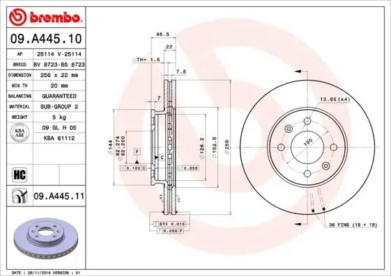 Bremsscheibe BREMBO 09.A445.11 Bild Bremsscheibe BREMBO 09.A445.11