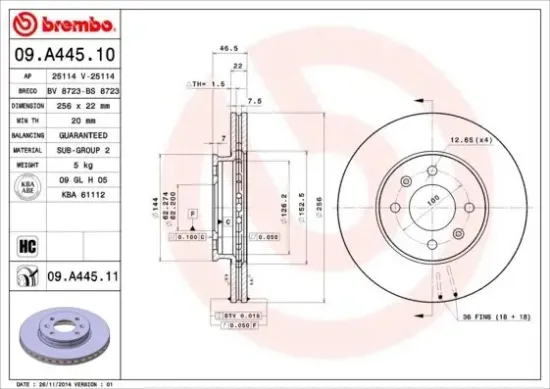 Bremsscheibe Vorderachse BREMBO 09.A445.11 Bild Bremsscheibe Vorderachse BREMBO 09.A445.11