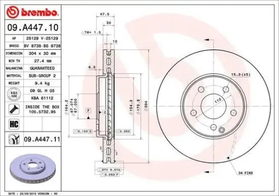 Bremsscheibe Vorderachse BREMBO 09.A447.11 Bild Bremsscheibe Vorderachse BREMBO 09.A447.11