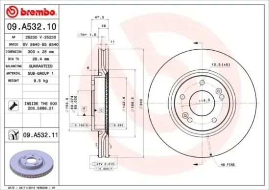 Bremsscheibe Vorderachse BREMBO 09.A532.11 Bild Bremsscheibe Vorderachse BREMBO 09.A532.11