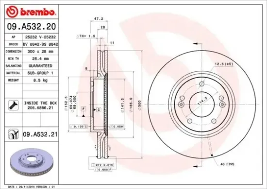 Bremsscheibe BREMBO 09.A532.21 Bild Bremsscheibe BREMBO 09.A532.21