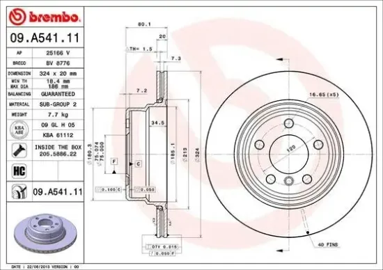 Bremsscheibe Hinterachse BREMBO 09.A541.11 Bild Bremsscheibe Hinterachse BREMBO 09.A541.11