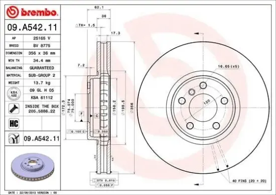 Bremsscheibe Vorderachse BREMBO 09.A542.11 Bild Bremsscheibe Vorderachse BREMBO 09.A542.11