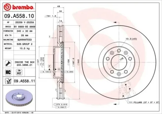 Bremsscheibe Vorderachse BREMBO 09.A558.11 Bild Bremsscheibe Vorderachse BREMBO 09.A558.11