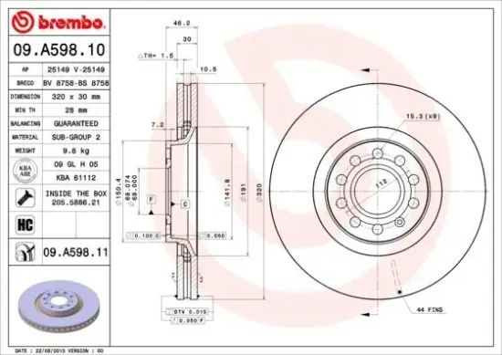 Bremsscheibe Vorderachse BREMBO 09.A598.11 Bild Bremsscheibe Vorderachse BREMBO 09.A598.11