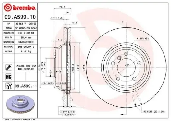 Bremsscheibe Vorderachse BREMBO 09.A599.11 Bild Bremsscheibe Vorderachse BREMBO 09.A599.11