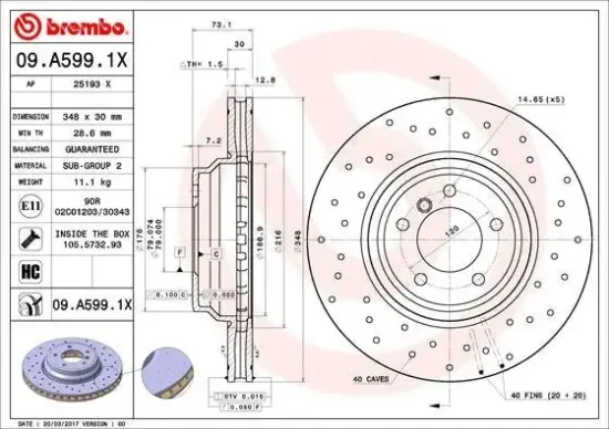 Bremsscheibe Vorderachse BREMBO 09.A599.1X Bild Bremsscheibe Vorderachse BREMBO 09.A599.1X