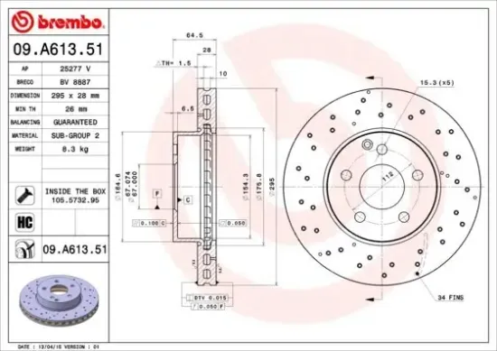 Bremsscheibe Vorderachse BREMBO 09.A613.51 Bild Bremsscheibe Vorderachse BREMBO 09.A613.51