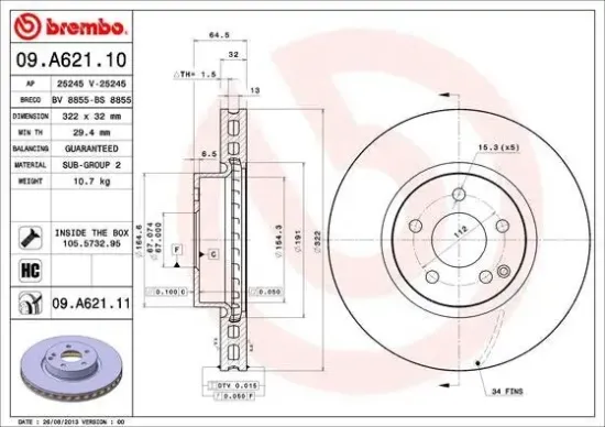 Bremsscheibe Vorderachse BREMBO 09.A621.11 Bild Bremsscheibe Vorderachse BREMBO 09.A621.11