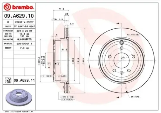 Bremsscheibe Hinterachse BREMBO 09.A629.11 Bild Bremsscheibe Hinterachse BREMBO 09.A629.11