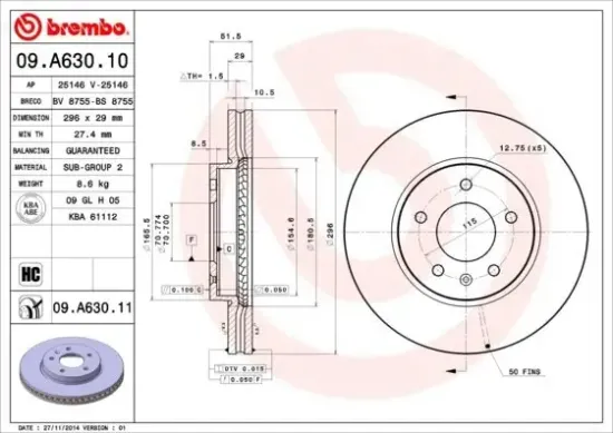 Bremsscheibe Vorderachse BREMBO 09.A630.11 Bild Bremsscheibe Vorderachse BREMBO 09.A630.11