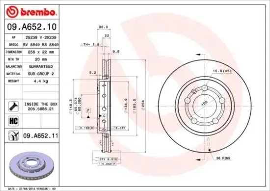 Bremsscheibe Hinterachse BREMBO 09.A652.11 Bild Bremsscheibe Hinterachse BREMBO 09.A652.11
