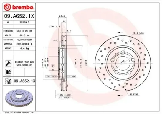 Bremsscheibe Hinterachse BREMBO 09.A652.1X Bild Bremsscheibe Hinterachse BREMBO 09.A652.1X