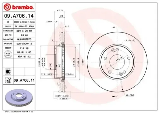 Bremsscheibe Vorderachse BREMBO 09.A706.11 Bild Bremsscheibe Vorderachse BREMBO 09.A706.11