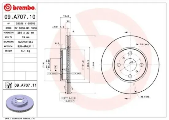 Bremsscheibe BREMBO 09.A707.11 Bild Bremsscheibe BREMBO 09.A707.11