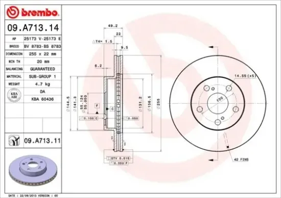 Bremsscheibe Vorderachse BREMBO 09.A713.11 Bild Bremsscheibe Vorderachse BREMBO 09.A713.11
