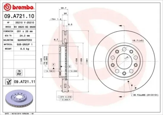 Bremsscheibe Vorderachse BREMBO 09.A721.11 Bild Bremsscheibe Vorderachse BREMBO 09.A721.11