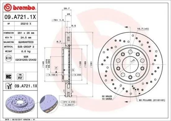 Bremsscheibe Vorderachse BREMBO 09.A721.1X Bild Bremsscheibe Vorderachse BREMBO 09.A721.1X