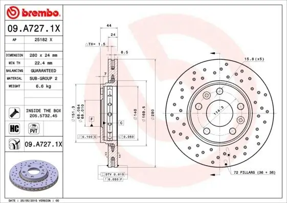 Bremsscheibe BREMBO 09.A727.1X Bild Bremsscheibe BREMBO 09.A727.1X