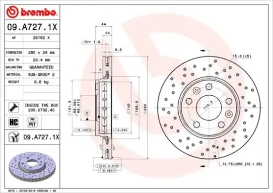 Bremsscheibe Vorderachse BREMBO 09.A727.1X Bild Bremsscheibe Vorderachse BREMBO 09.A727.1X