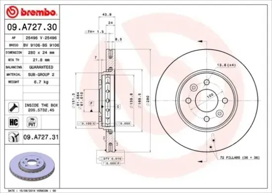 Bremsscheibe Vorderachse BREMBO 09.A727.31 Bild Bremsscheibe Vorderachse BREMBO 09.A727.31