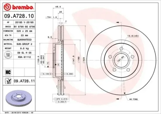 Bremsscheibe Vorderachse BREMBO 09.A728.11 Bild Bremsscheibe Vorderachse BREMBO 09.A728.11