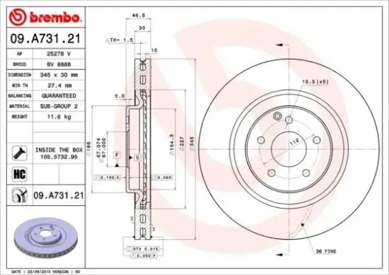 Bremsscheibe Vorderachse BREMBO 09.A731.21 Bild Bremsscheibe Vorderachse BREMBO 09.A731.21