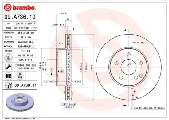 Bremsscheibe Vorderachse BREMBO 09.A736.11 Bild Bremsscheibe Vorderachse BREMBO 09.A736.11