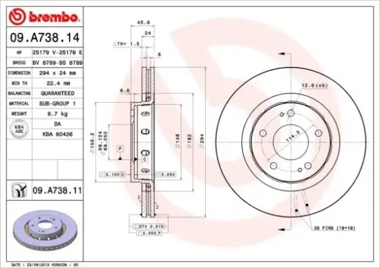Bremsscheibe Vorderachse BREMBO 09.A738.11 Bild Bremsscheibe Vorderachse BREMBO 09.A738.11