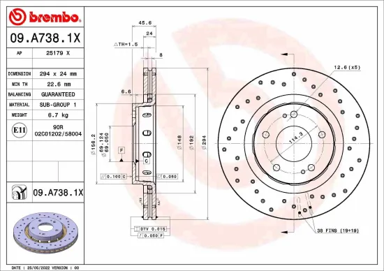 Bremsscheibe Vorderachse BREMBO 09.A738.1X Bild Bremsscheibe Vorderachse BREMBO 09.A738.1X