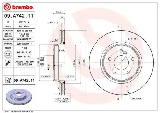 Bremsscheibe Hinterachse BREMBO 09.A742.11 Bild Bremsscheibe Hinterachse BREMBO 09.A742.11