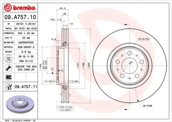 Bremsscheibe BREMBO 09.A757.11 Bild Bremsscheibe BREMBO 09.A757.11