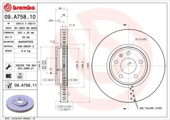 Bremsscheibe Vorderachse BREMBO 09.A758.11 Bild Bremsscheibe Vorderachse BREMBO 09.A758.11