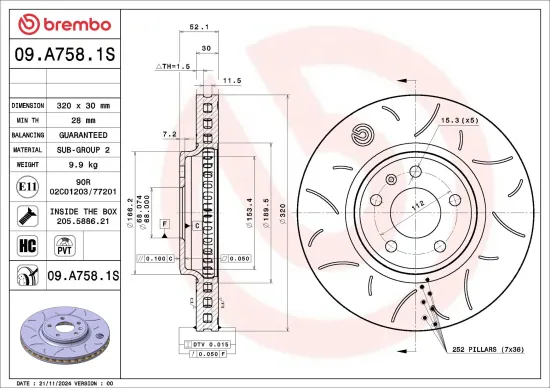 Bremsscheibe Vorderachse BREMBO 09.A758.1S Bild Bremsscheibe Vorderachse BREMBO 09.A758.1S