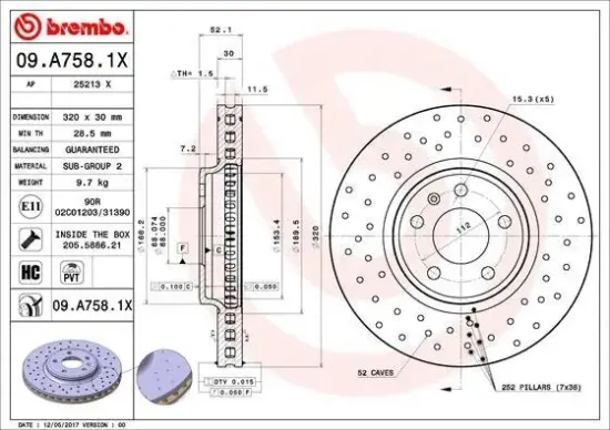 Bremsscheibe Vorderachse BREMBO 09.A758.1X Bild Bremsscheibe Vorderachse BREMBO 09.A758.1X