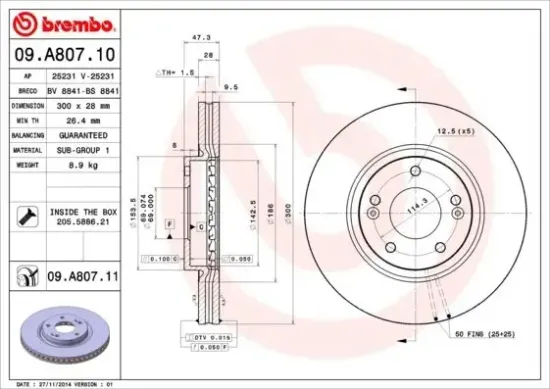Bremsscheibe Vorderachse BREMBO 09.A807.11 Bild Bremsscheibe Vorderachse BREMBO 09.A807.11