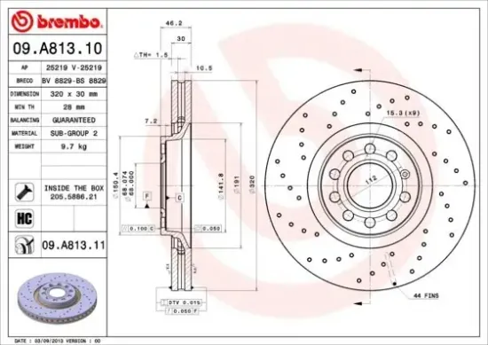 Bremsscheibe Vorderachse BREMBO 09.A813.11 Bild Bremsscheibe Vorderachse BREMBO 09.A813.11